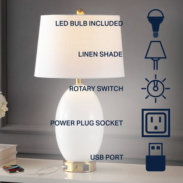 Reese Contemporary Style Iron/Glass LED Table Lamp with USB Charging Port - JONATHAN Y